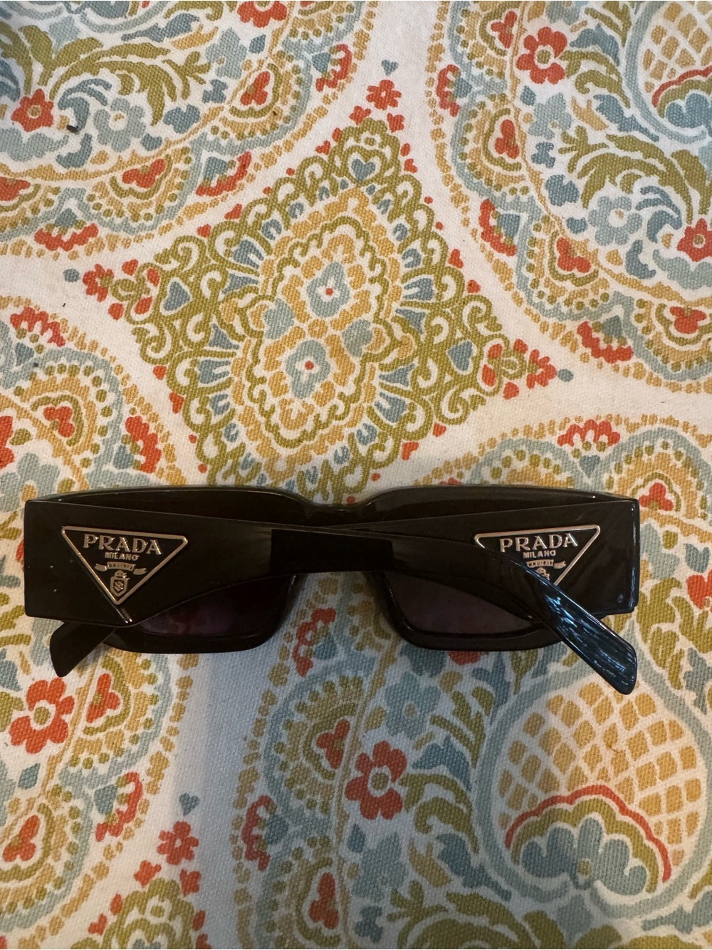 Prada Black Rectangular Sunglasses with Silver Triangle Logos